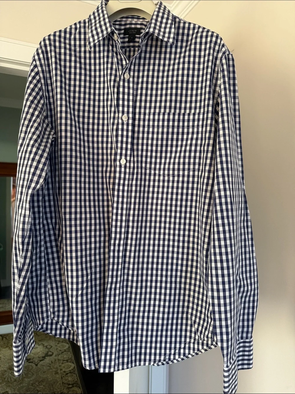 J. Crew Men’s Navy and White Gingham non iron Button-Down Shirt size M